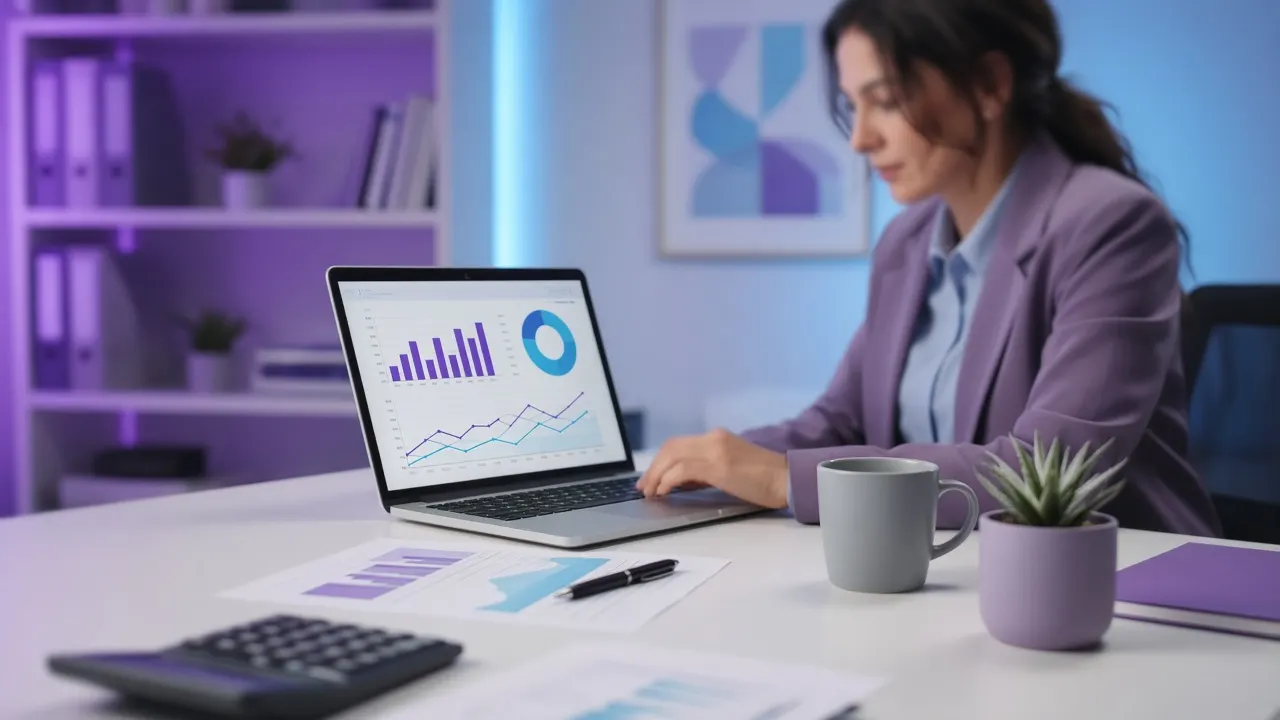 Office manager reviewing payroll reports on a laptop
